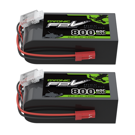 2-Pack OVONIC 7.4V 2S 800mAh 80C LiPo batteries, dual pack with JST power lead and balance plug