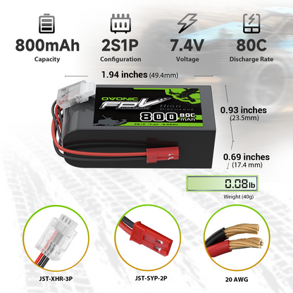OVONIC 7.4V 2S 800mAh 80C LiPo battery specs: size 1.94 x 0.93 x 0.69 in, 40g, JST plugs