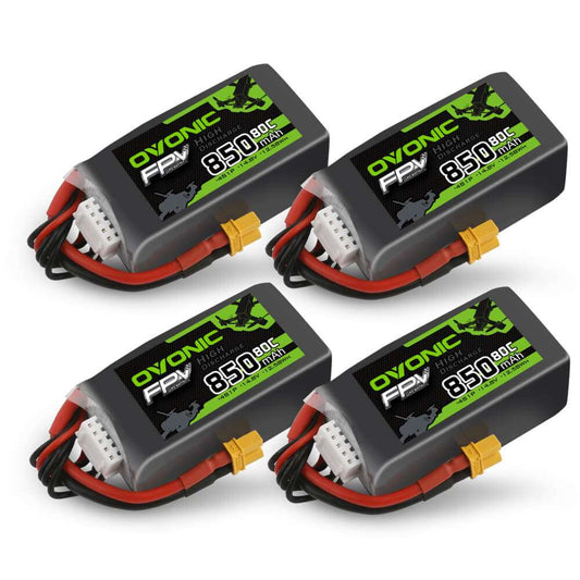 Ovonic 4-Pack 4S 850mAh 80C 14.8V LiPo Battery set with XT30 plug and balance lead