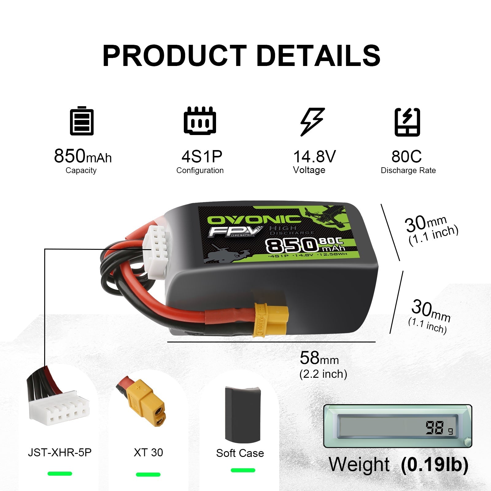 Ovonic 4S 850mAh 14.8V 80C LiPo battery specs graphic: 58×30×30mm, XT30, JST-XH 5P, 0.19lb