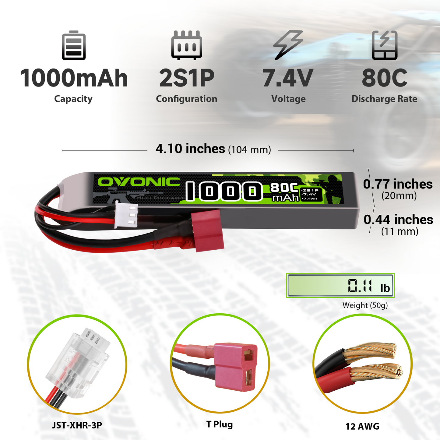 Ovonic 7.4V 1000mAh 2S1P 80C LiPo battery dimensions and connector types (T plug, JST-XHR-3P, 12AWG)