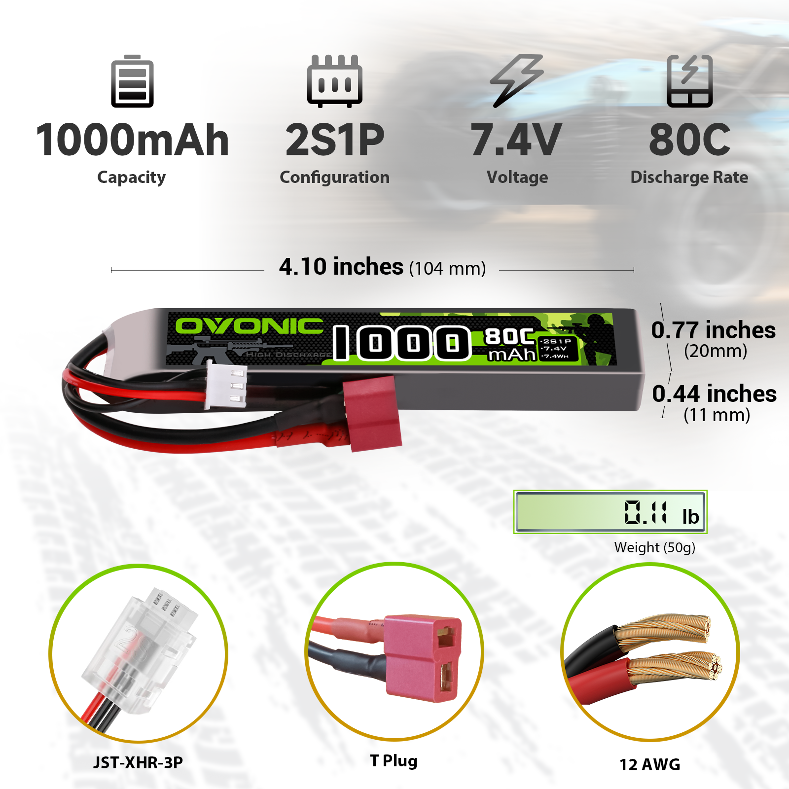 Ovonic 7.4V 1000mAh 2S1P 80C LiPo battery dimensions and connector types (T plug, JST-XHR-3P, 12AWG)