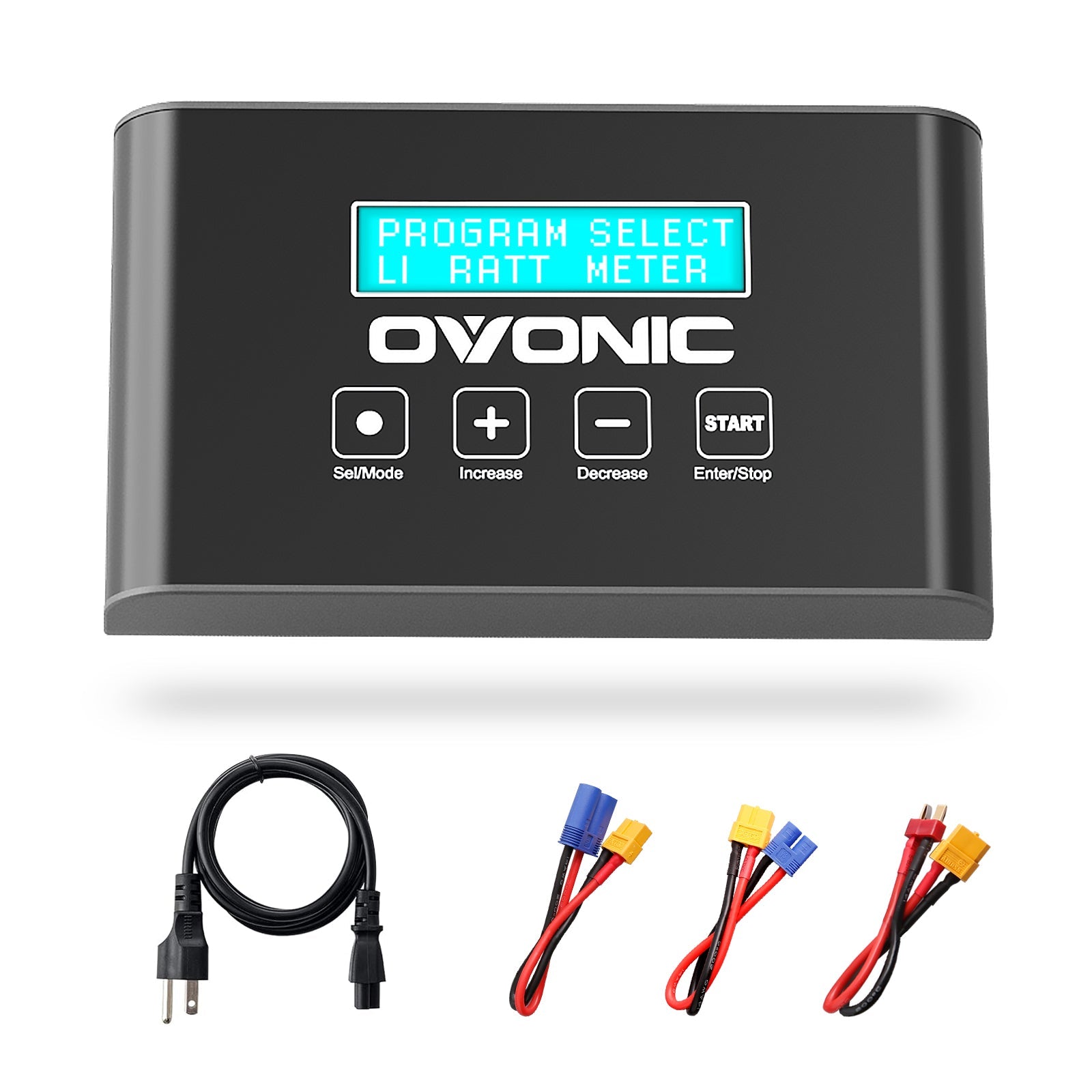 Ovonic Mate 1 100W 10A Smart Balance Charger front view with AC cable and battery adapters