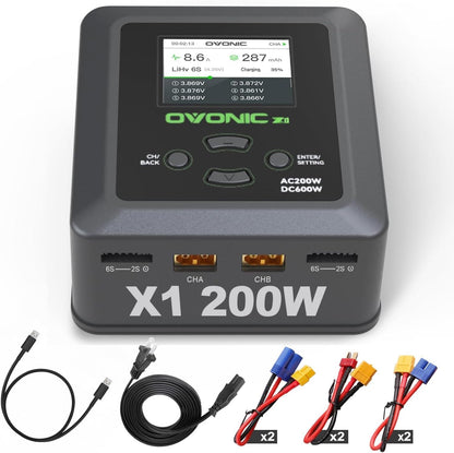 Ovonic X1 Dual-Channel Smart Balance Charger front view with display, dual ports, and charging adapters