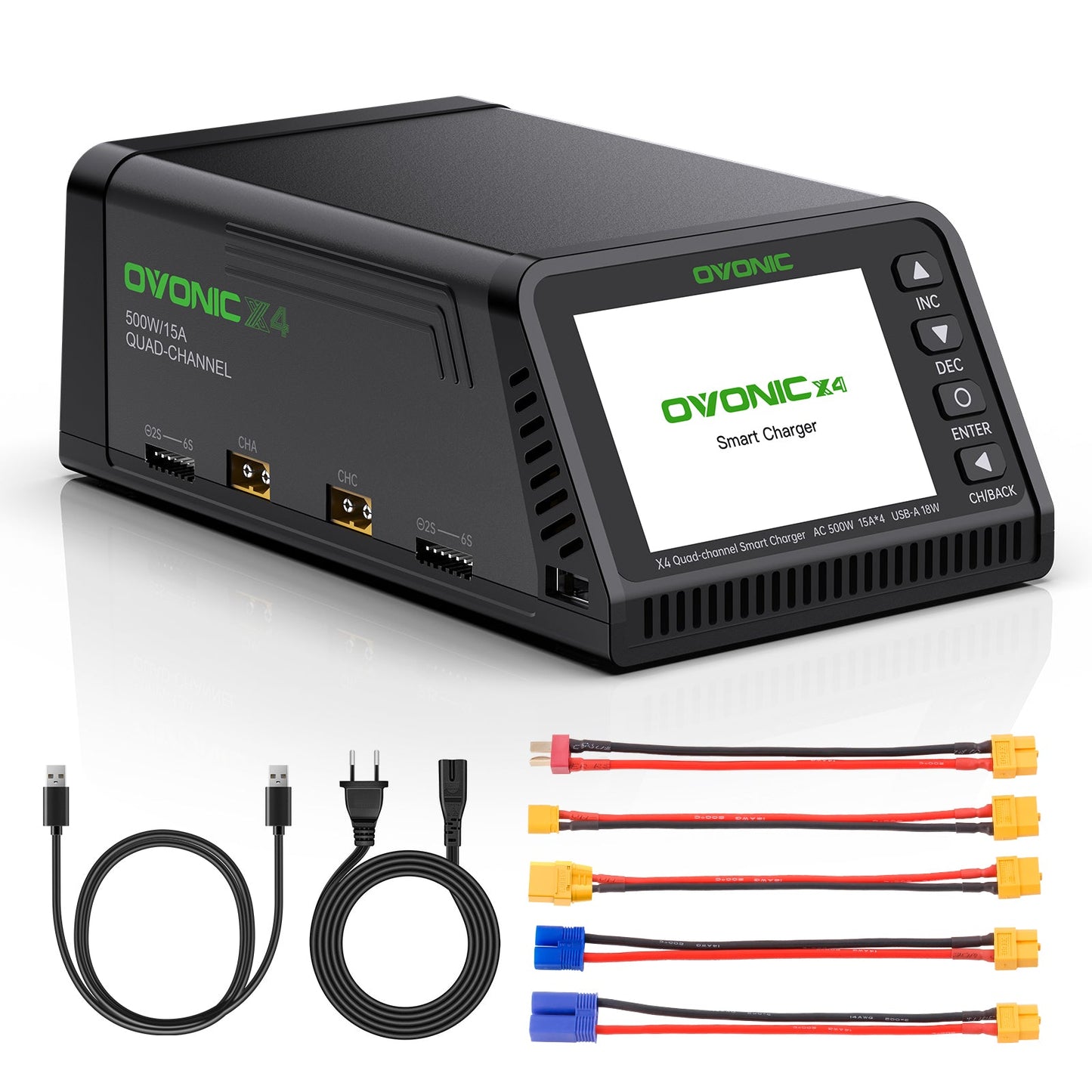 OVONIC X4 500W 4-Channel AC Smart Balance Charger with charging leads and input cables