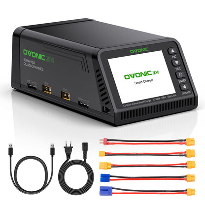 OVONIC X4 500W 4-Channel AC Smart Balance Charger with charging leads and input cables