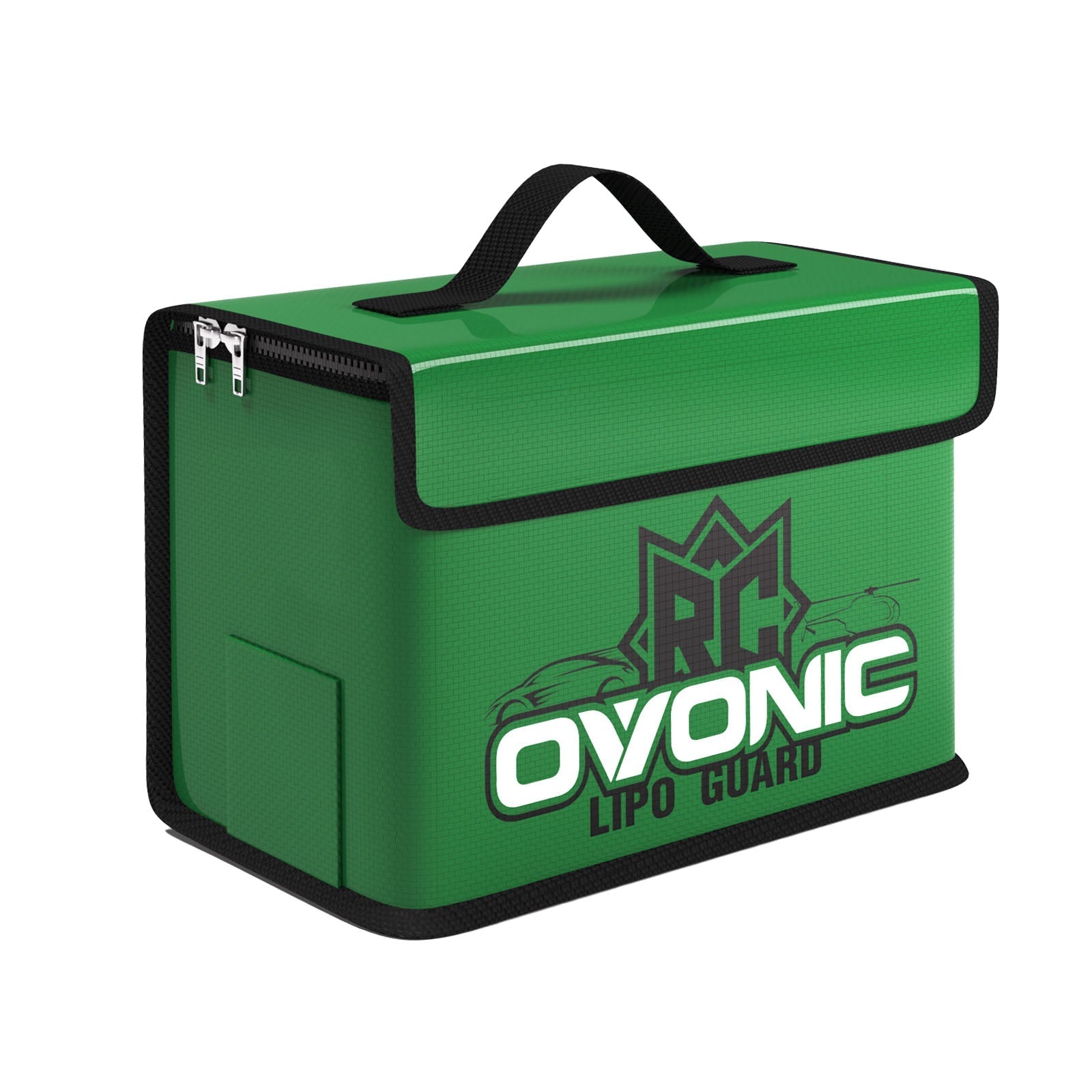 OVONIC Large LiPo Battery Safety Bag in green with dual zippers, flap closure, and carry handle