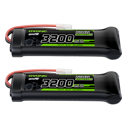 2× OVONIC 8.4V 3200mAh 7-cell NiMH battery packs with Tamiya connector, label side view
