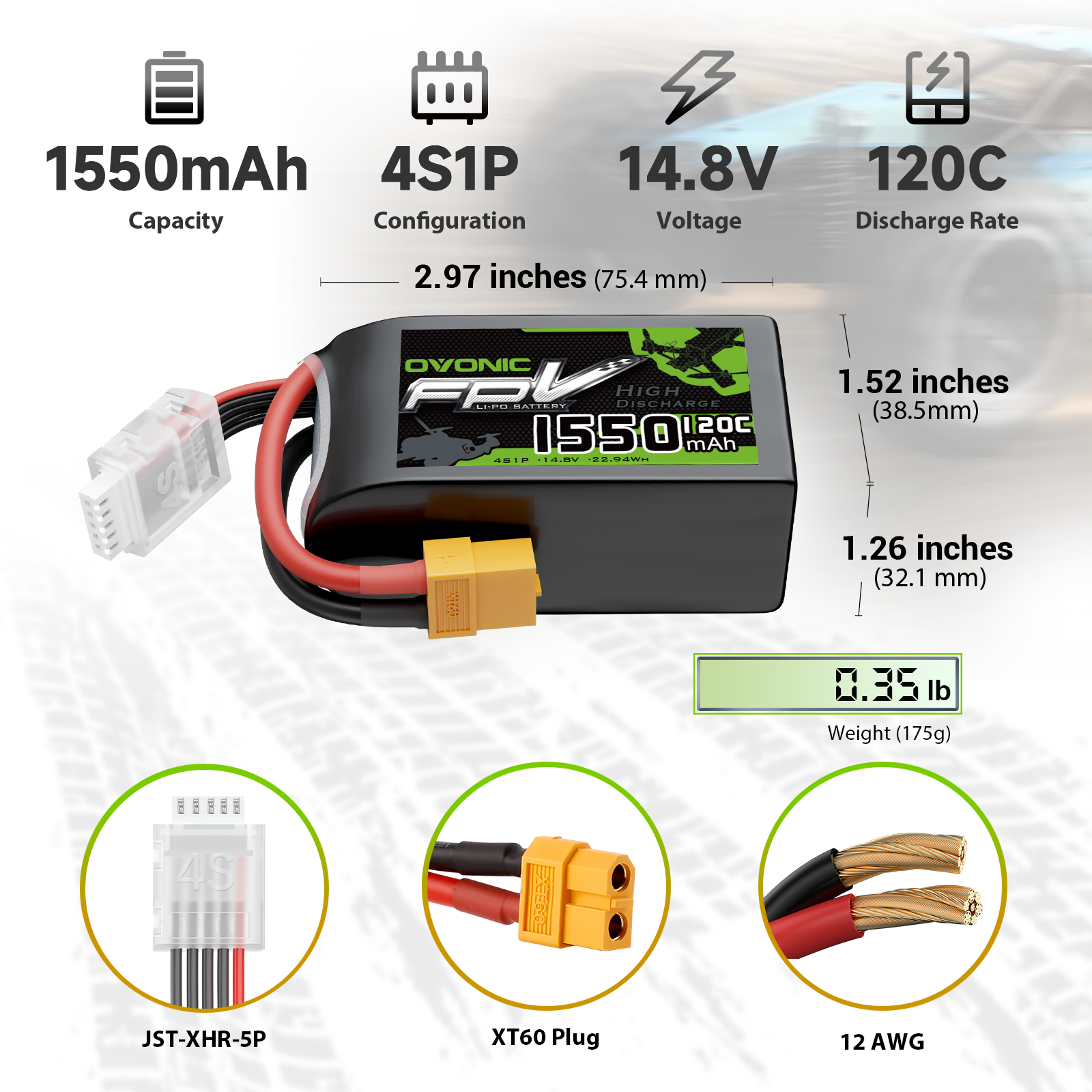 1550mAh 4S1P 14.8V 120C LiPo battery dimensions, weight, and connector details (XT60, JST-XHR-5P, 12AWG)