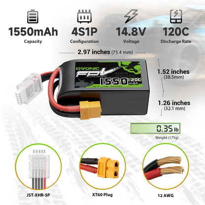 1550mAh 4S1P 14.8V 120C LiPo battery dimensions, weight, and connector details (XT60, JST-XHR-5P, 12AWG)