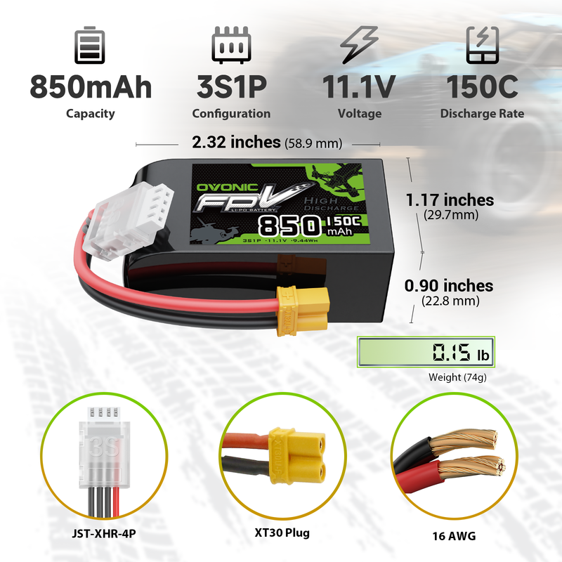 OVONIC 11.1V 150C 850mAh 3S LiPo Battery with XT30 Plug
