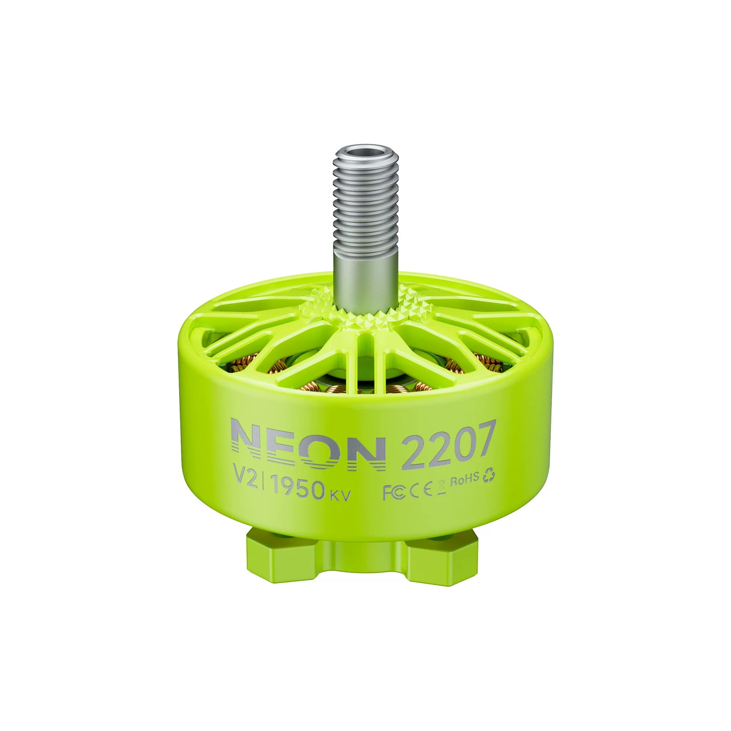 NEON 2207 V2 motor in neon green, 1950KV text and threaded prop shaft, front view