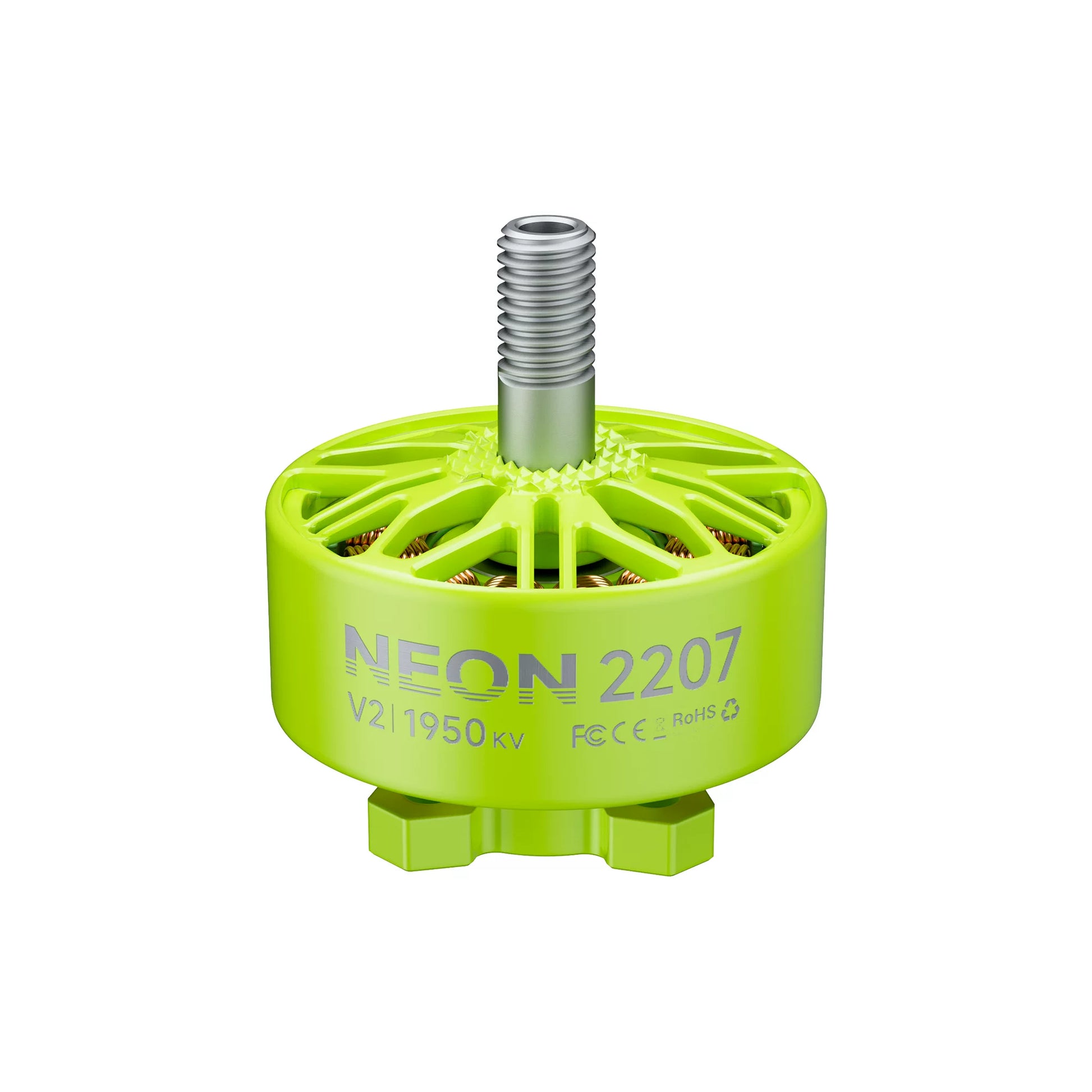 NEON 2207 V2 motor in neon green, 1950KV text and threaded prop shaft, front view