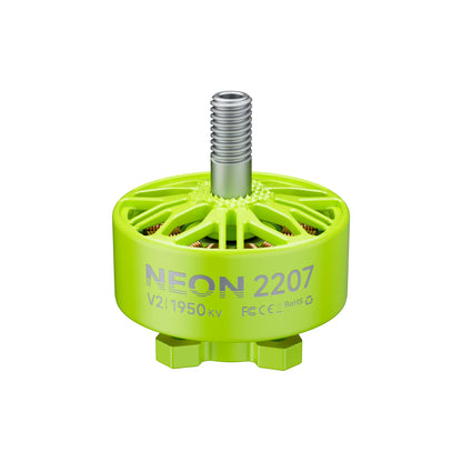 NEON 2207 V2 motor in neon green, 1950KV text and threaded prop shaft, front view