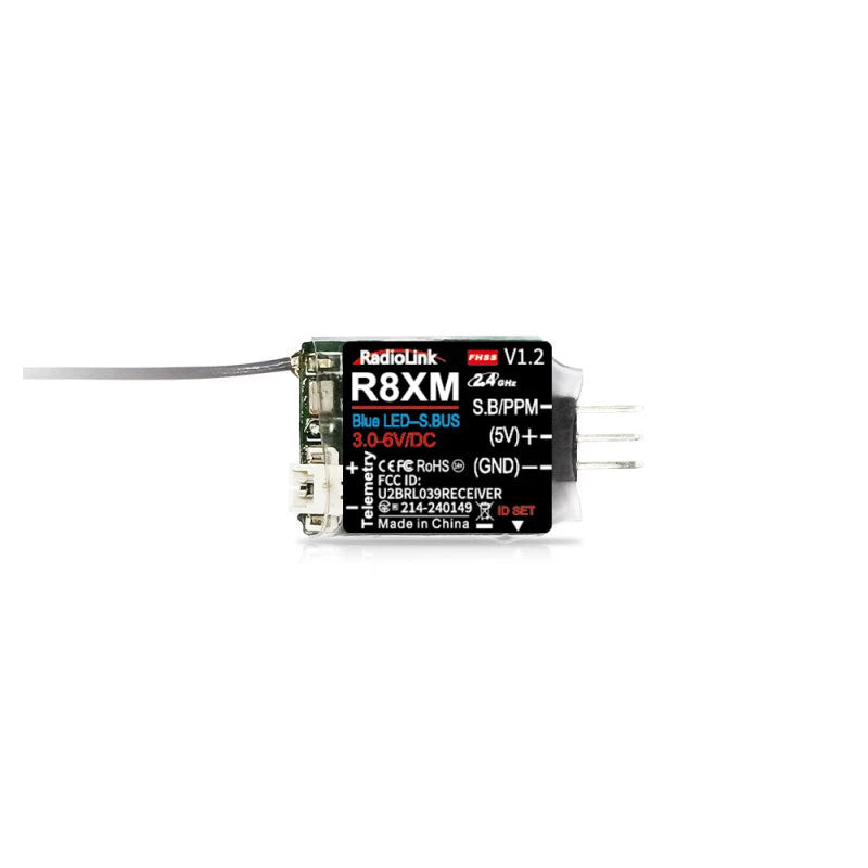 RadioLink R8XM 8 Channels Mini Receiver, The RadioLink R8XM is a compact 8-channel receiver with S.BUS, telemetry, and RSSI support, operating on 2.4GHz at 3.0-6V DC.