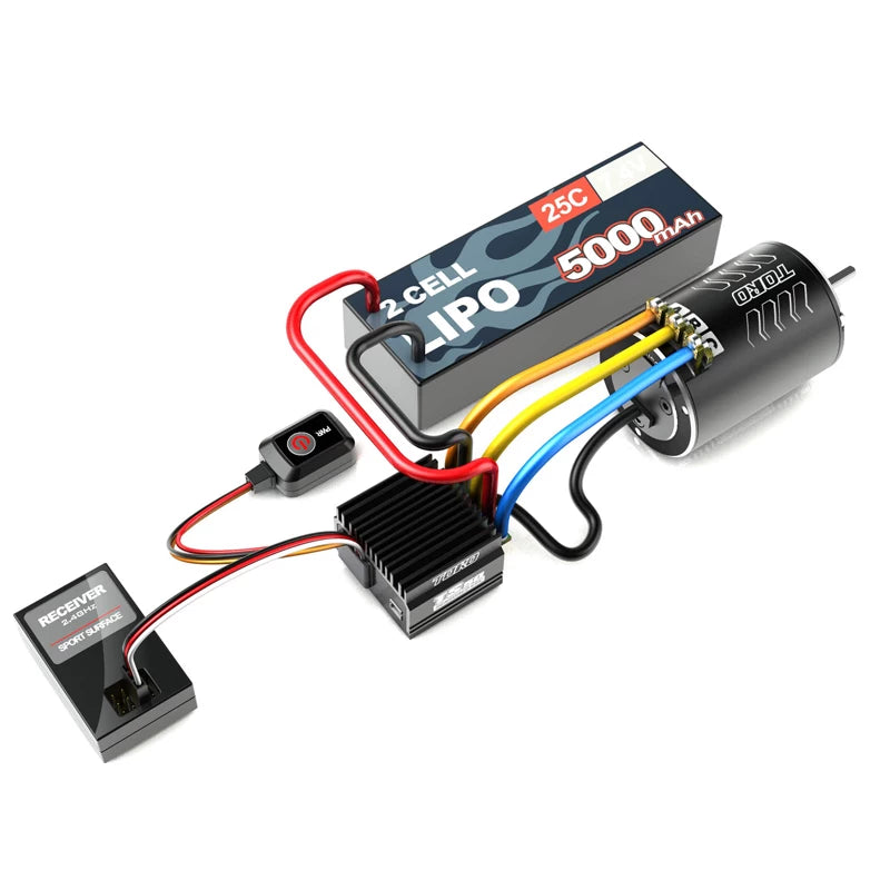 SkyRC TORO TS50 sensored ESC wiring layout with 2S LiPo battery, receiver lead, and brushless motor connections