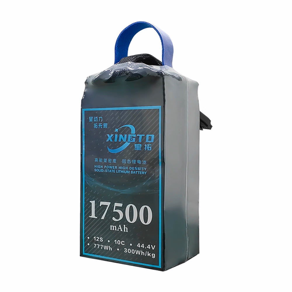 XINGTO 17500mAh 12S 44.4V solid-state battery offers 777Wh capacity and 300Wh/kg density, ideal for high-power heavy-lift UAV drones.