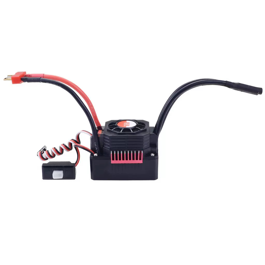 Side profile of brushless ESC showing cooling fan, red heat sink fins, and attached on/off switch