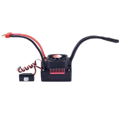 Side profile of brushless ESC showing cooling fan, red heat sink fins, and attached on/off switch