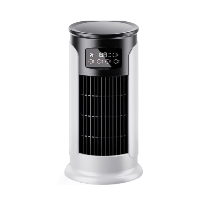 Front view of bladeless mini air cooler in white with top digital control display and vent grille
