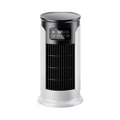 Front view of bladeless mini air cooler in white with top digital control display and vent grille