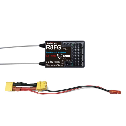 RadioLink R8FG 8-Channel Dual Antenna Receiver, The RadioLink R8FG is an 8-channel dual-antenna receiver with SBUS/PWM, telemetry, IPX4 waterproof rating, and operates on 3.0-12V DC.