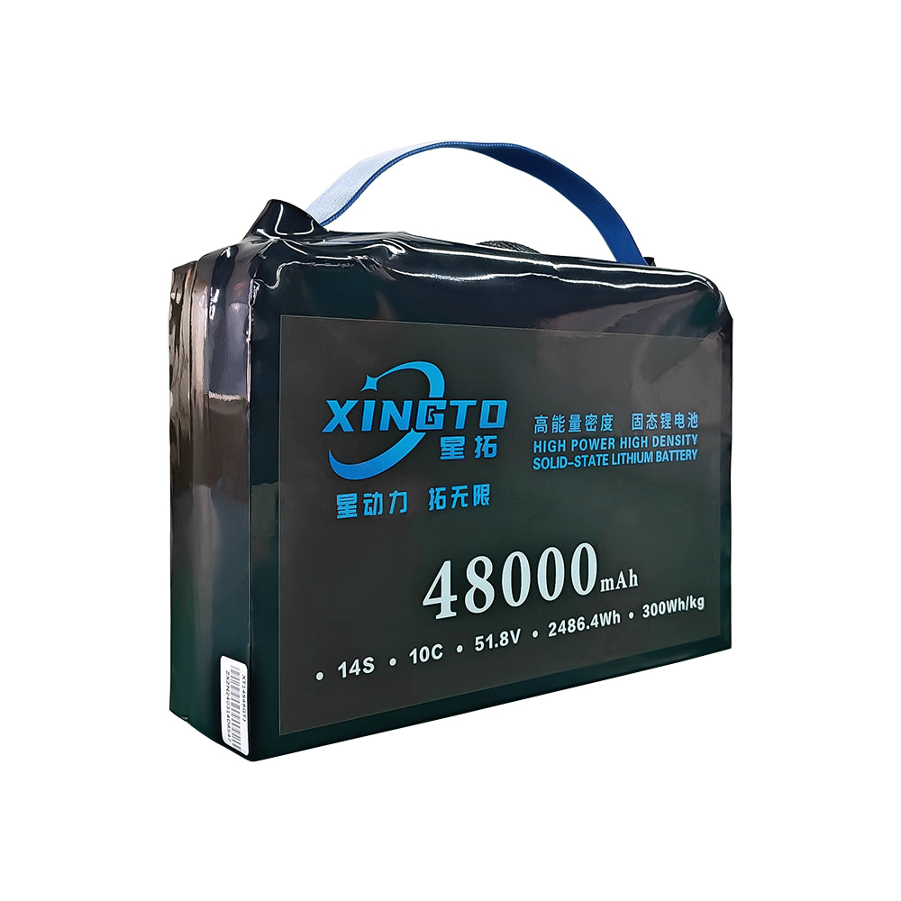 XINGTO 14S 48000mAh 51.8V solid-state battery, 2486.4Wh capacity, 300Wh/kg density, high power for heavy-lift UAV drones.