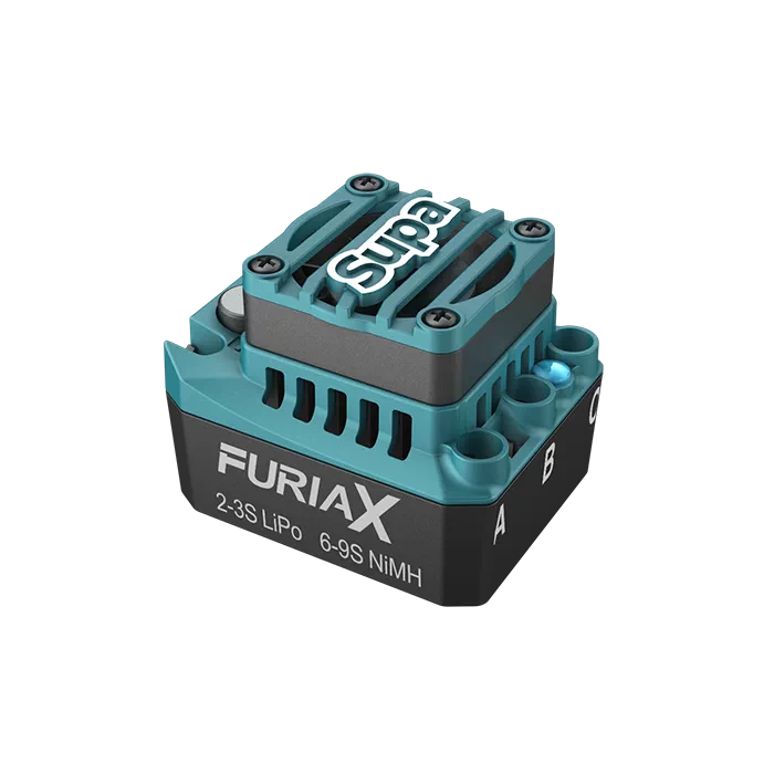 SkyRC FuriaX Supa 60A Brushless ESC, angled top view with Supa heatsink and FURlAX case label