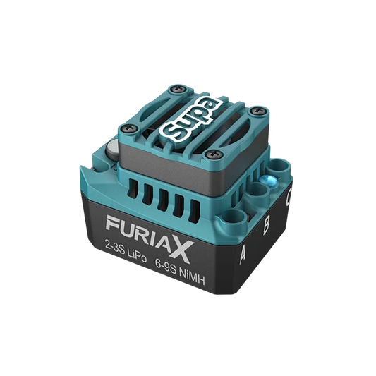 SkyRC FuriaX Supa 60A Brushless ESC, angled top view with Supa heatsink and FURlAX case label