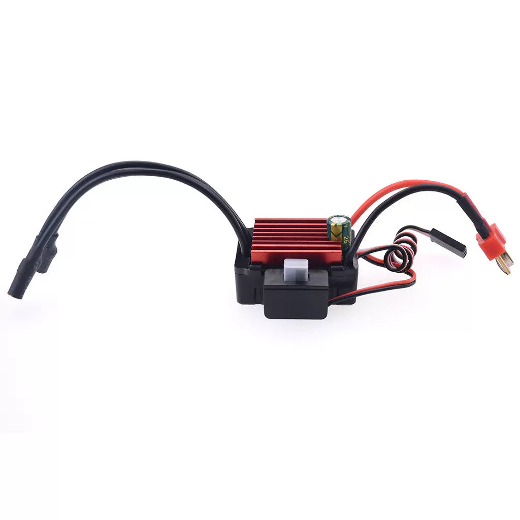 Surpass Hobby KK waterproof brushless ESC side view showing red aluminum heatsink, switch housing and wiring
