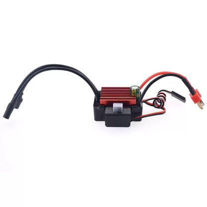 Surpass Hobby KK waterproof brushless ESC side view showing red aluminum heatsink, switch housing and wiring
