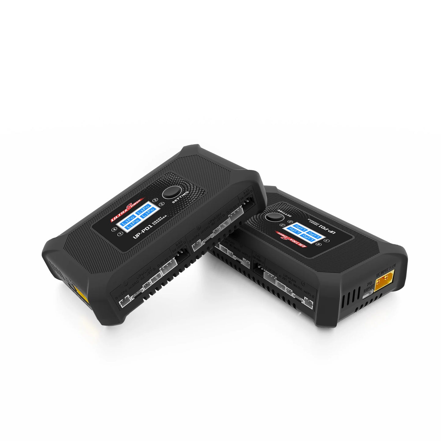 Two Ultra Power UP-PD1 chargers shown at angles, highlighting compact case design and four output channel ports
