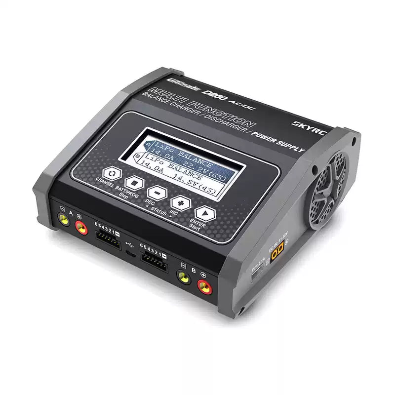 SkyRC D260 Ultimate Duo Balance Charger, SkyRC D260 Ultimate Duo dual-channel balance charger with LCD screen, control buttons, and two battery ports