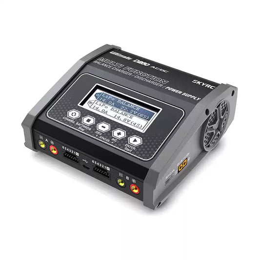 SkyRC D260 Ultimate Duo Balance Charger, SkyRC D260 Ultimate Duo dual-channel balance charger with LCD screen, control buttons, and two battery ports