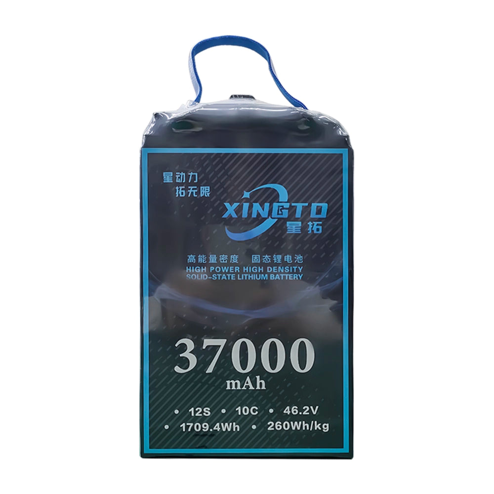 XINGTO 37000mAh 12S lithium battery, 46.2V, 10C, 1709.4Wh, 260Wh/kg—high power, high density, ideal for demanding drone applications.