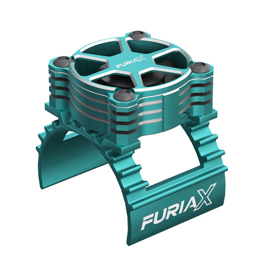 SkyRC FuriaX CoolSink 3650 motor heatsink clamp for 1/10 RC car, teal finned aluminum mount