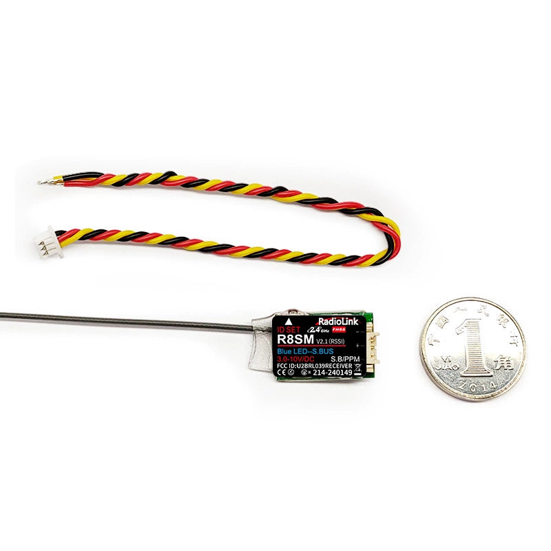 RadioLink R8SM 8 Channels Mini Receiver, R8SM 2.4GHz mini receiver with SBUS/PPM output for racing drones, shown next to a coin for size reference.