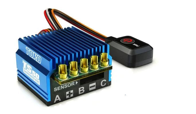 SKYRC Toro TS50 50A brushless sensored ESC with blue heatsink, motor terminals and on/off switch