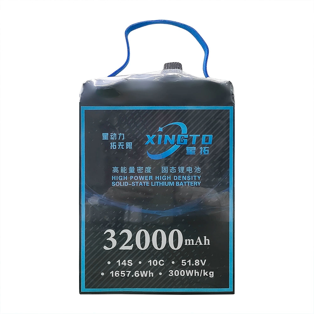 XINGTO 32000mAh, 14S, 51.8V, 1657.6Wh, 300Wh/kg solid-state lithium battery for heavy-lift UAVs; high power, high density, 10C discharge rate.