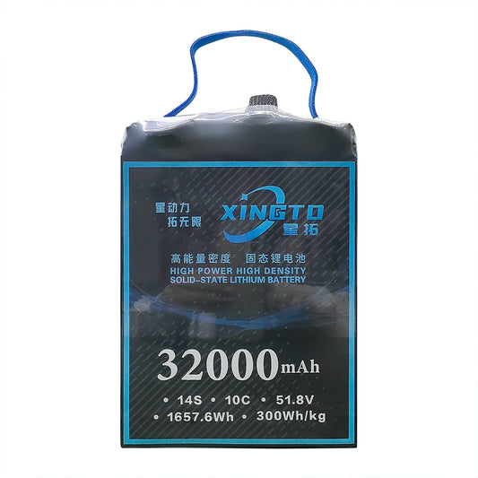 XINGTO 32000mAh, 14S, 51.8V, 1657.6Wh, 300Wh/kg solid-state lithium battery for heavy-lift UAVs; high power, high density, 10C discharge rate.