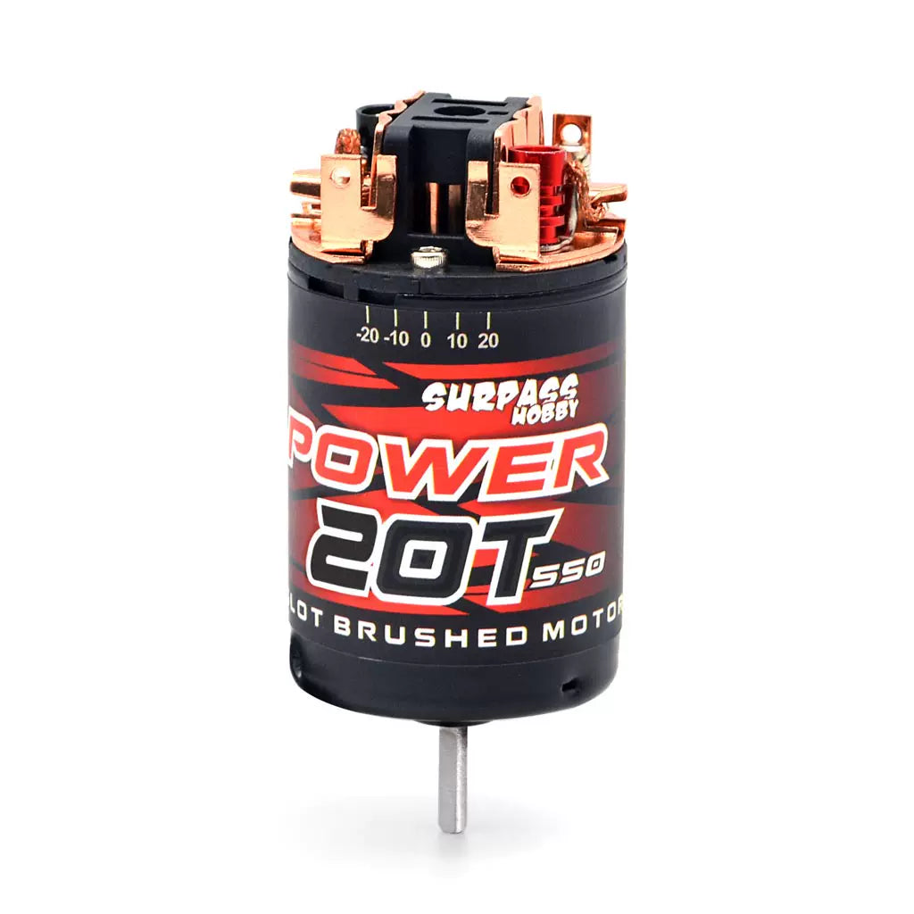 Surpass Hobby 550 3-slot brushed motor, POWER 20T label with solder tabs and output shaft