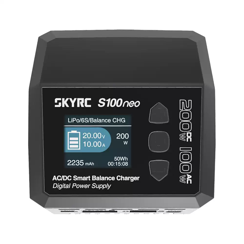 SkyRC S100neo smart balance battery charger with front LCD display and three control buttons