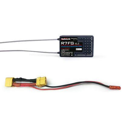 RadioLink R7FG 7-Channel Dual Antenna Receiver, The RadioLink R7FG V1.5 is a 7-channel receiver with dual antennas, gyro, telemetry, and supports multiple signal types. It operates on 3.0-12V DC and is made in China.