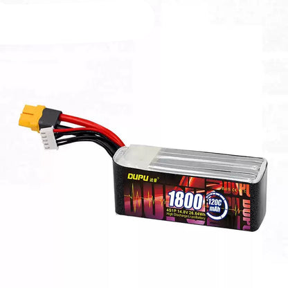 DUPU 4S/6S 1800mAh 120C LiPo Battery, DUPU 4S1P 1800mAh 120C LiPo battery for FPV drones, featuring XT60 plug.