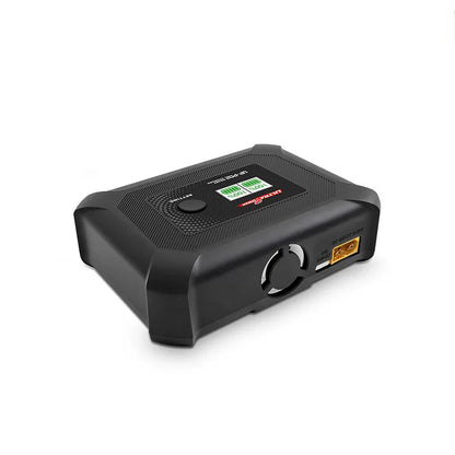Angled view of UP-PD2 charger showing Type-C PD input and yellow XT60 DC input port on the side