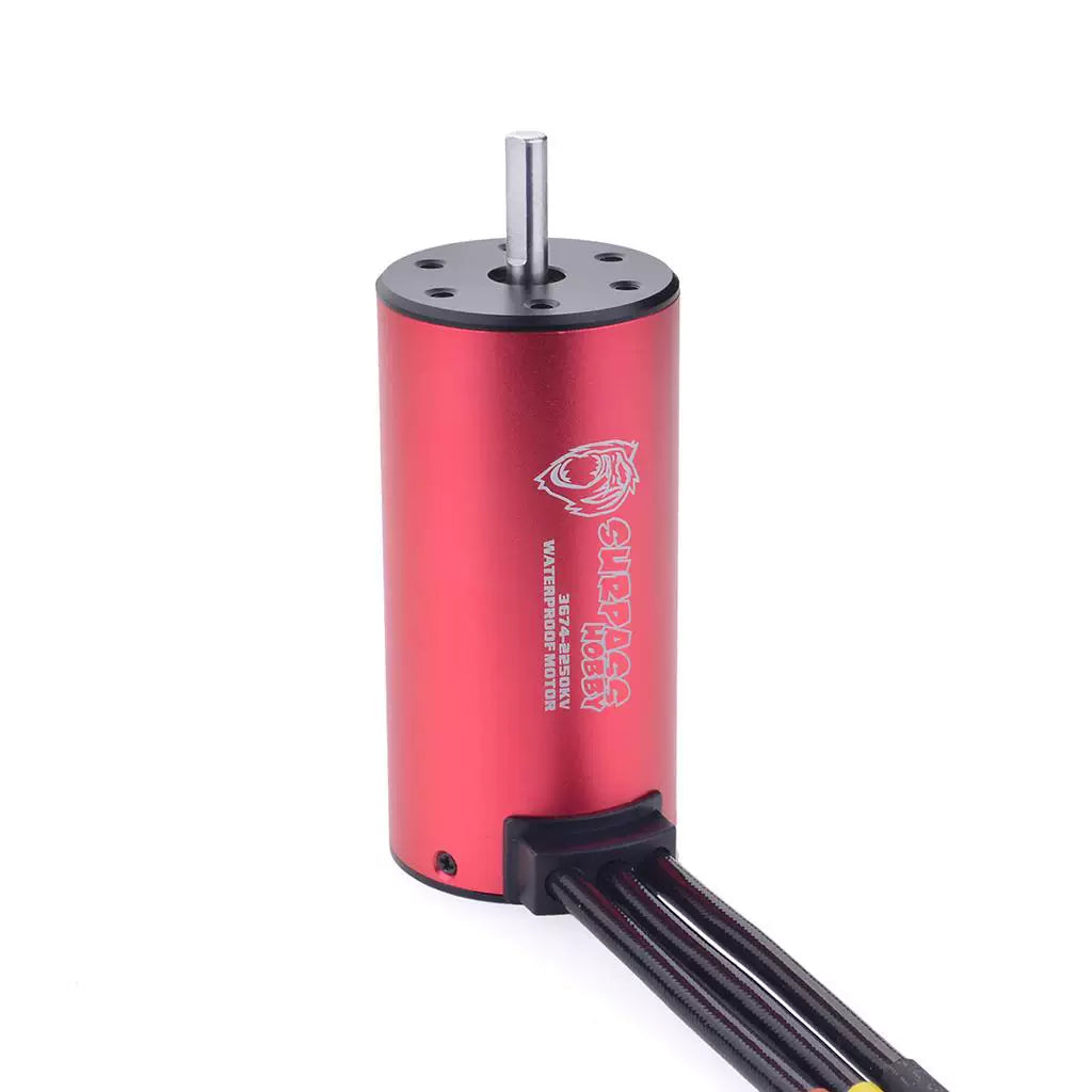 Surpass Hobby KK 3674 red aluminum brushless motor close-up with output shaft and leads