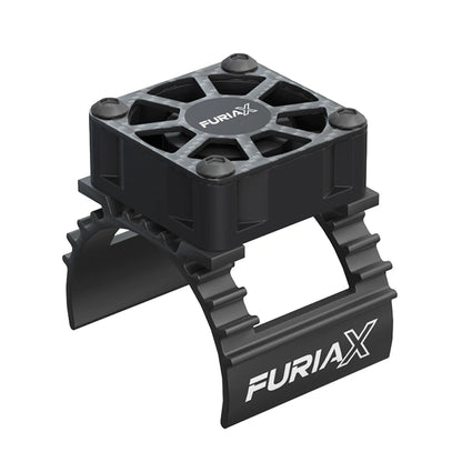 SkyRC FuriaX CoolSink motor cooling fan mounted on clamp bracket, black version top view
