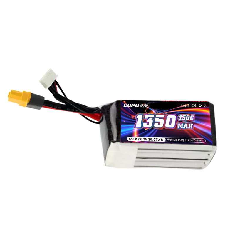 DUPU 1350mAh 4S/6S 130C 150C LiPo Battery, DUPU 1350mAh 6S 22.2V 130C LiPo battery for FPV drones, featuring colorful labels and connectors.