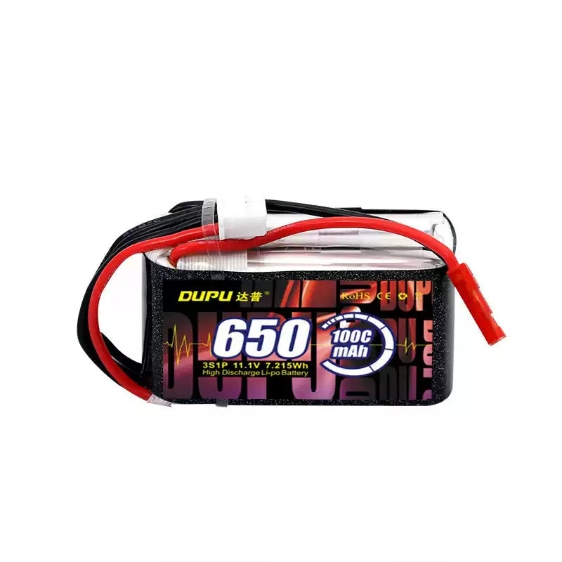 DUPU 2S 650mAh 100C LiPo Battery, DUPU 650mAh 100C LiPo battery for FPV drones, featuring XT60 plug.