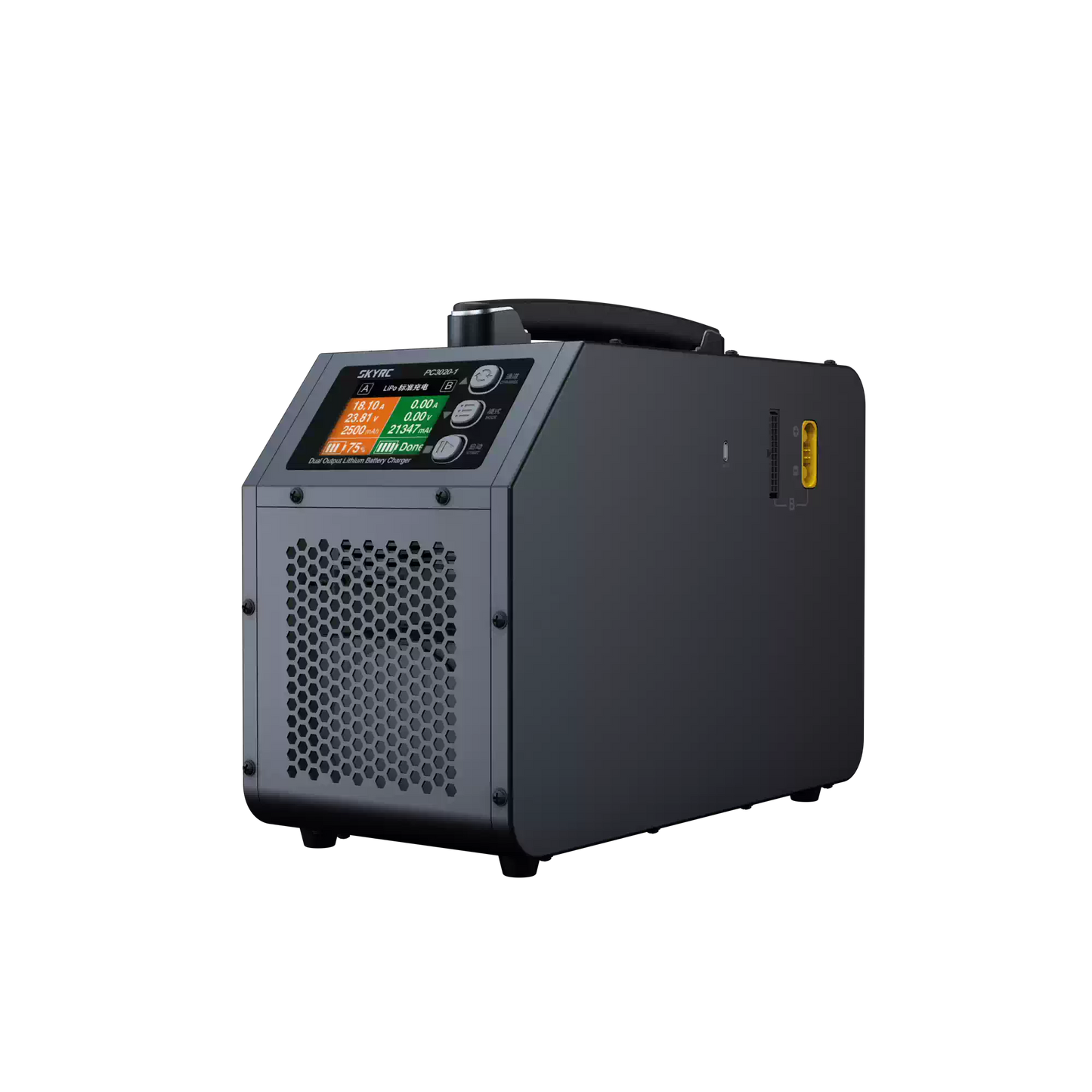 SkyRC PC3020 dual output lithium battery charger with color display, control buttons, carry handle, and vented side panel